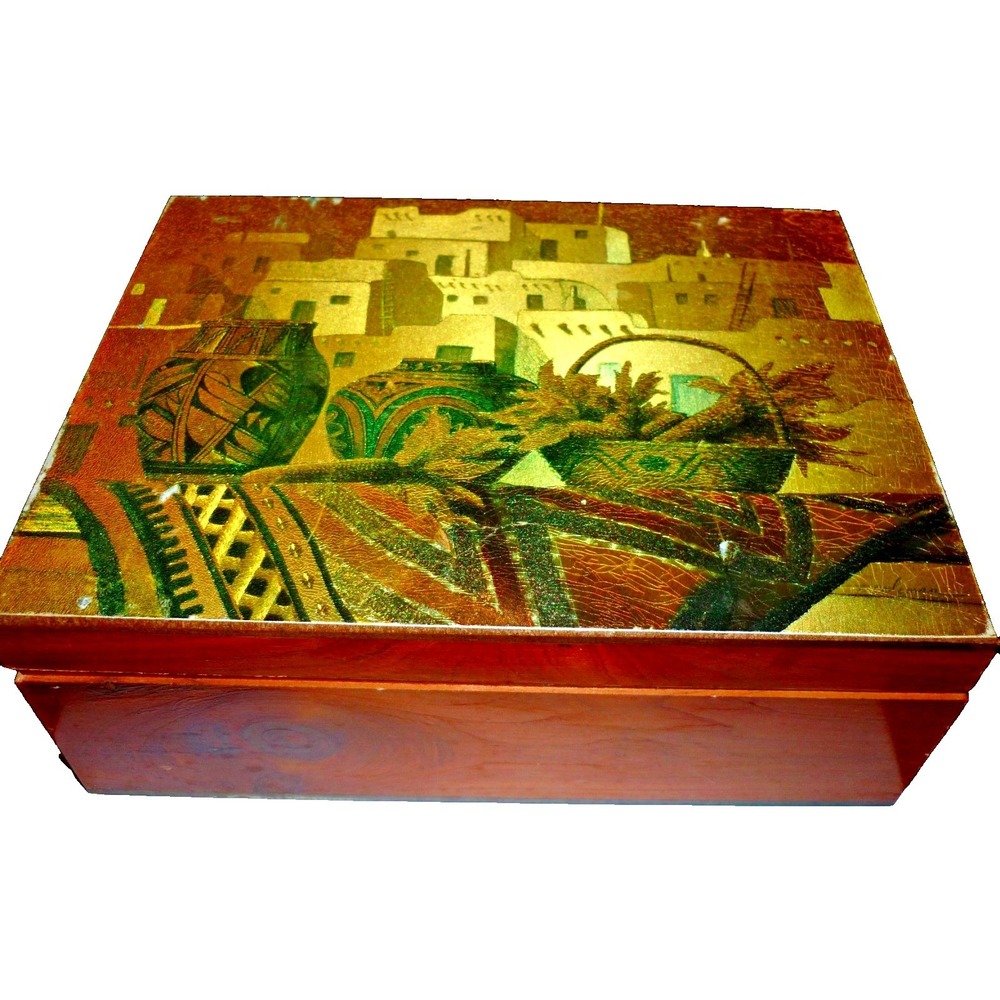 Vintage Southwestern Pueblo Gold Foil Cedar Wood Jewelry Keepsake Box‎ Pottery